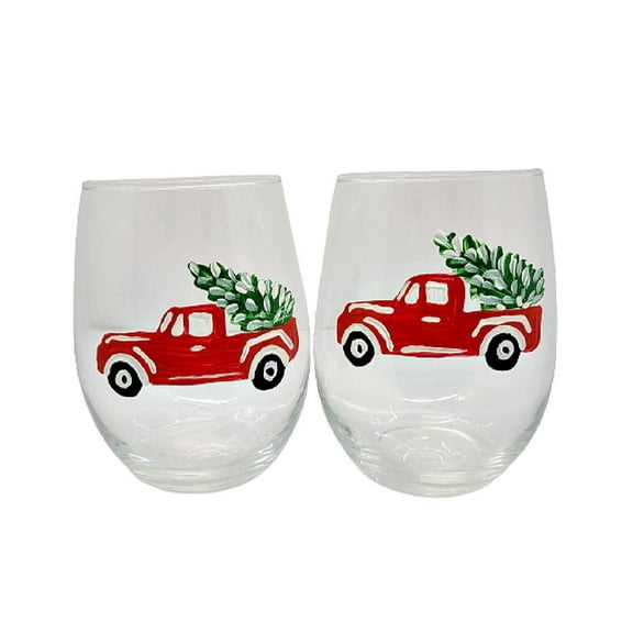 2 Red Pickup Truck and Christmas Tree Stemless Wine Glasses Set