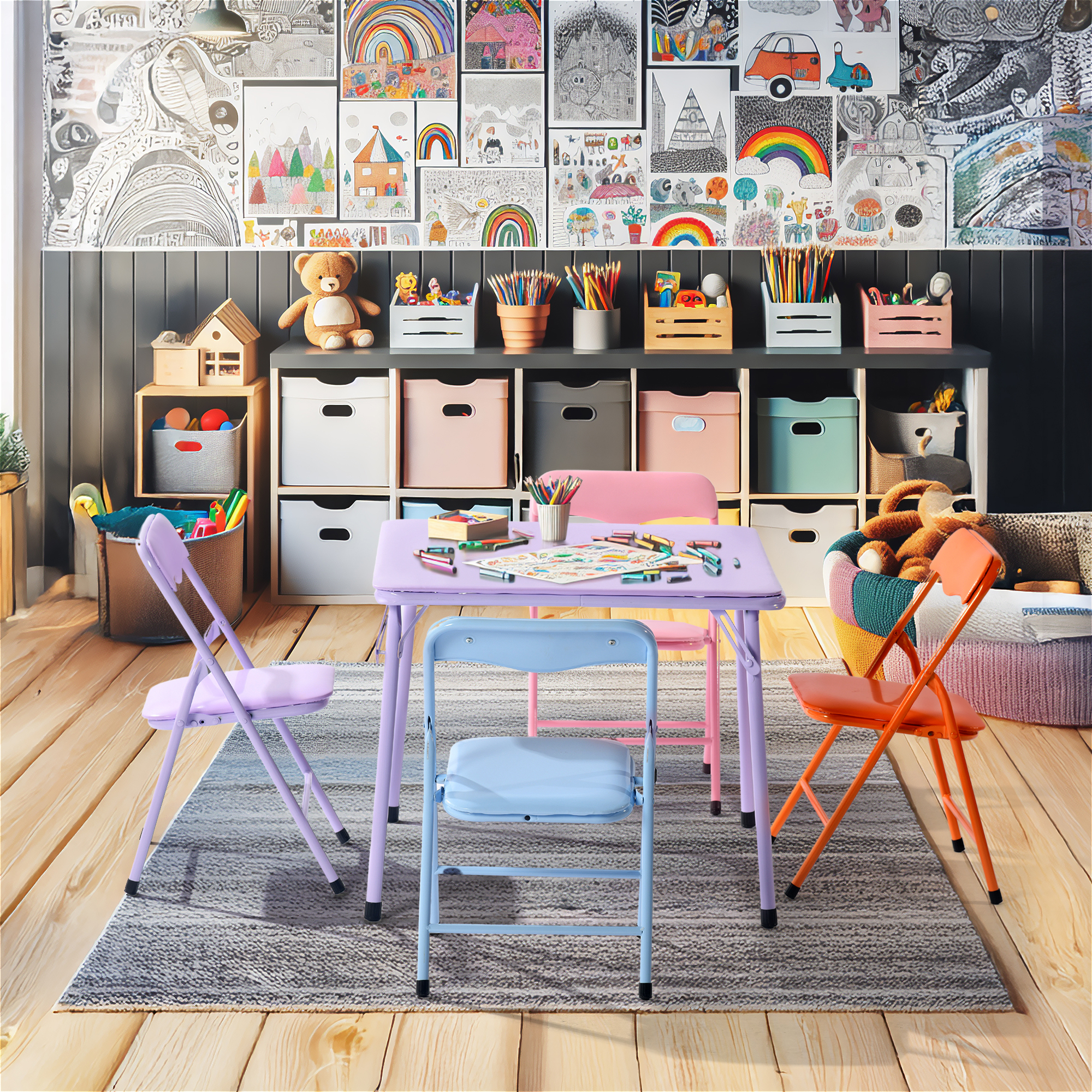 Homy Casa 5 Piece Foldable Kids Table and Chair Set, Compact Plastic Desk and Seat for Playroom Study Area, Purple