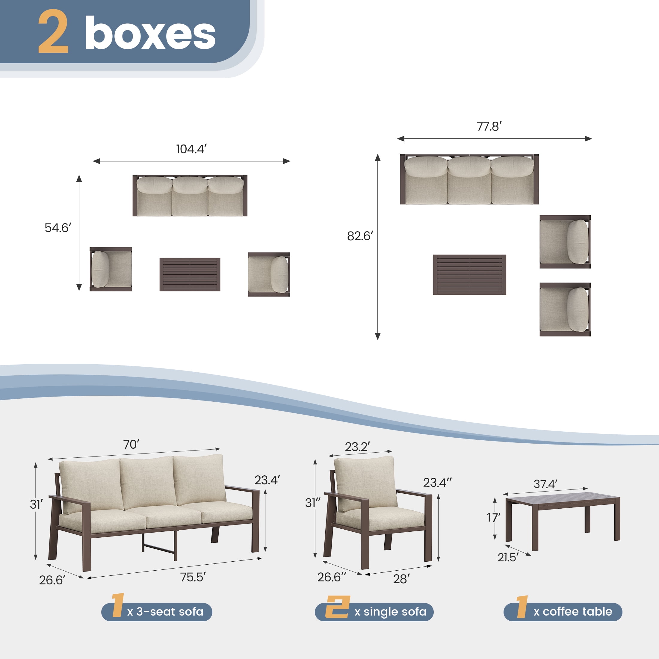 POTEBAN Aluminum Patio Furniture Set, Modern Metal Outdoor Sectional Sofa, Patio Conversation Sets with Side Table for Poolside, courtyard,Khaki