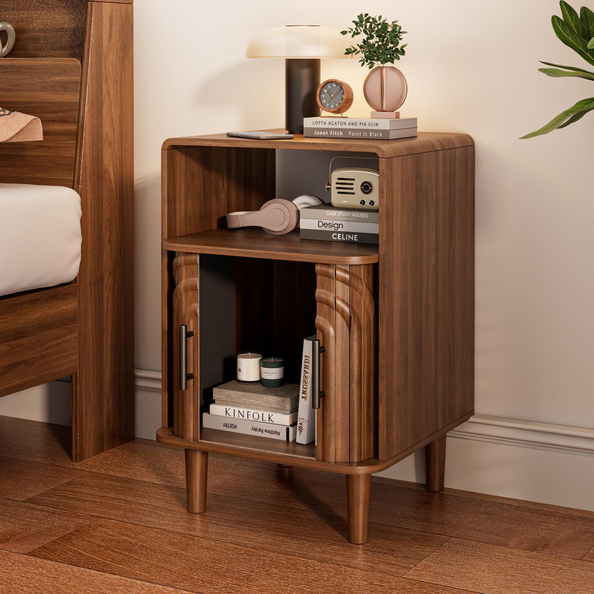 Mid Century Nightstand Set of 2, Fluted Bedside Tables with Storage, Small Vintage End Tables for Bedroom, Walnut