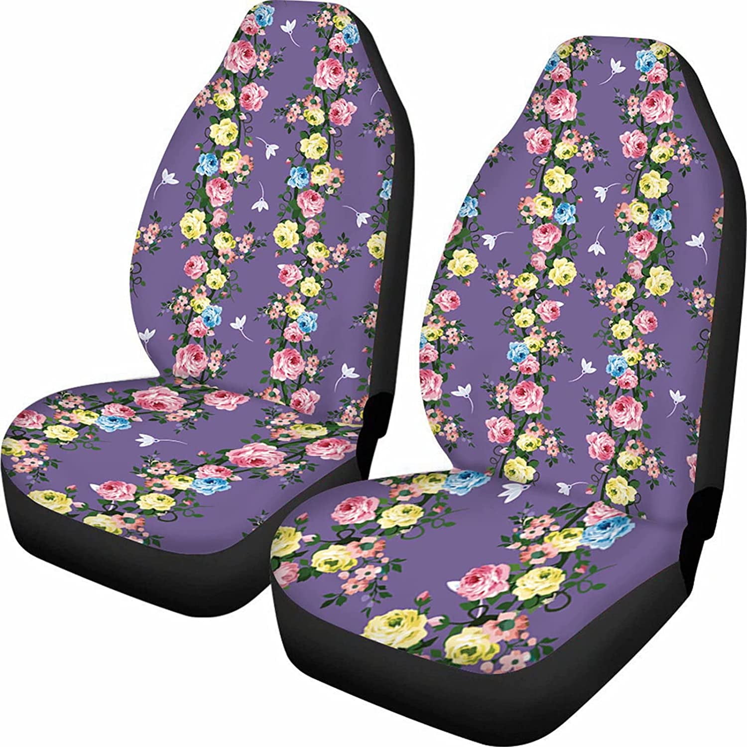 Purple Auto Drive Seat Protective Covers Pack of 2 Car Seat Covers for Women Girls Colorful Flower Printed Decorate Your Car Interior