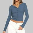 thumbnail image 2 of tarylea Crop Tops for Women Crew Neck Button down Tops Long Sleeve Solid Color Fitted Tops Fall Casual Wear, 2 of 3