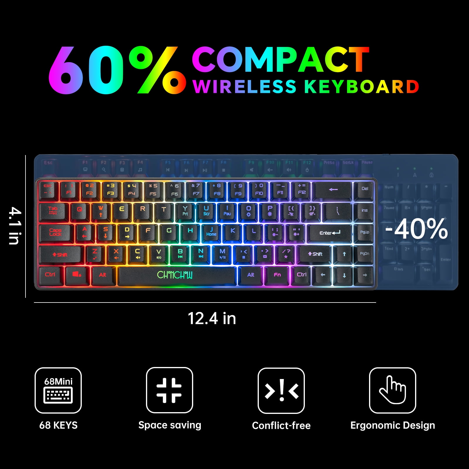 CHONCHOW 60% Wireless gaming Keyboard and Mouse Combo,68 keys Rechargeable Led Backlit Keyboard , 2.4GHz Wireless Receiver,Portable Design and Stable USB Connection for PC Mac Xbox