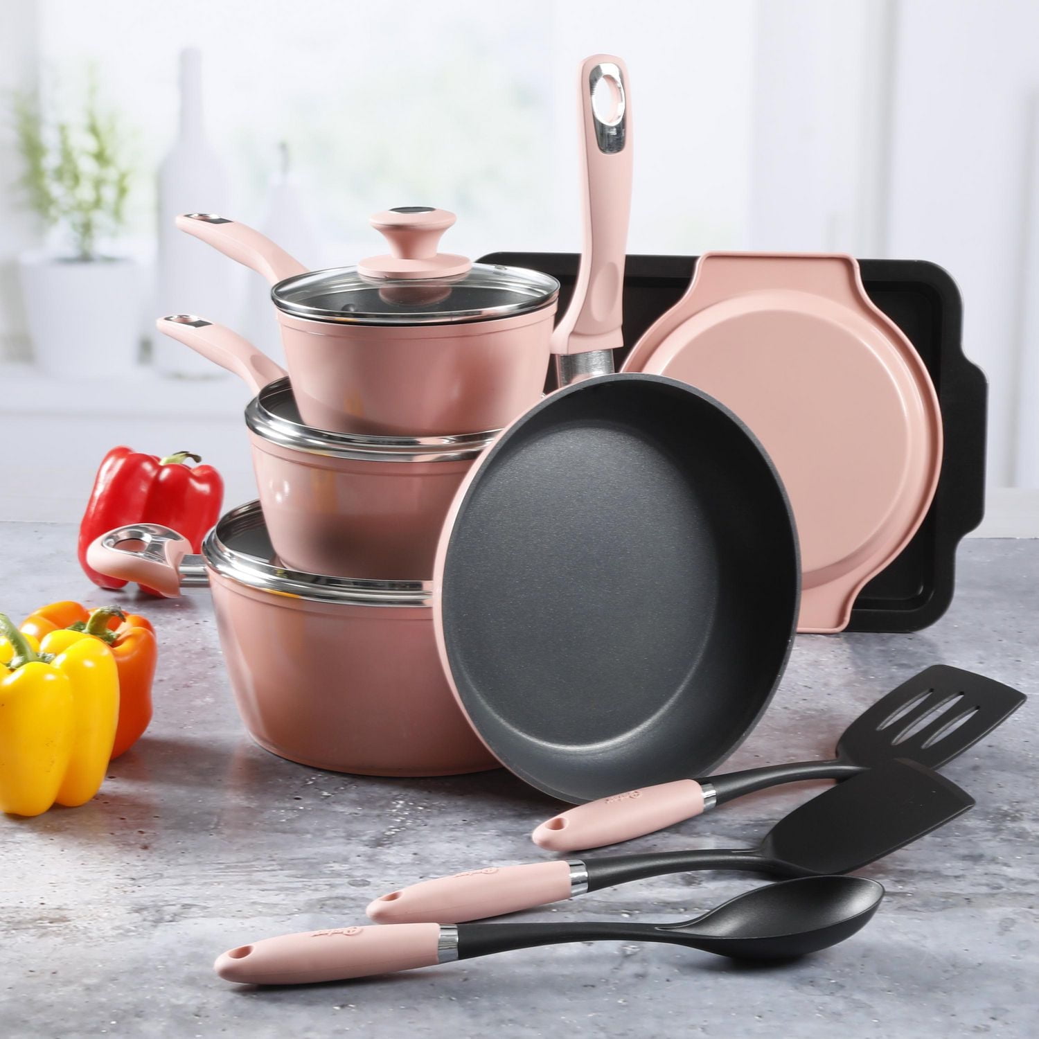 "Oster Lynhurst 12-Piece Cookware Combo Set, Rose<br>"