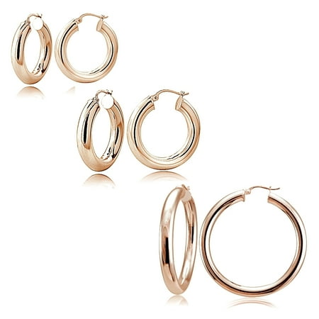 Round Loop Earrings - Set of 3 Rose Gold Tone over Sterling Silver 5mm Polished Round Hoop Earrings, 20mm, 30mm, 35mm