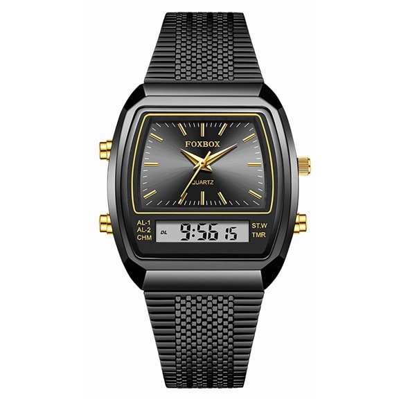 Men's Gold Analog Digital Watch Classic Waterproof Stainless Steel Wristwatch with Luminous Digital Display Business Casual Style