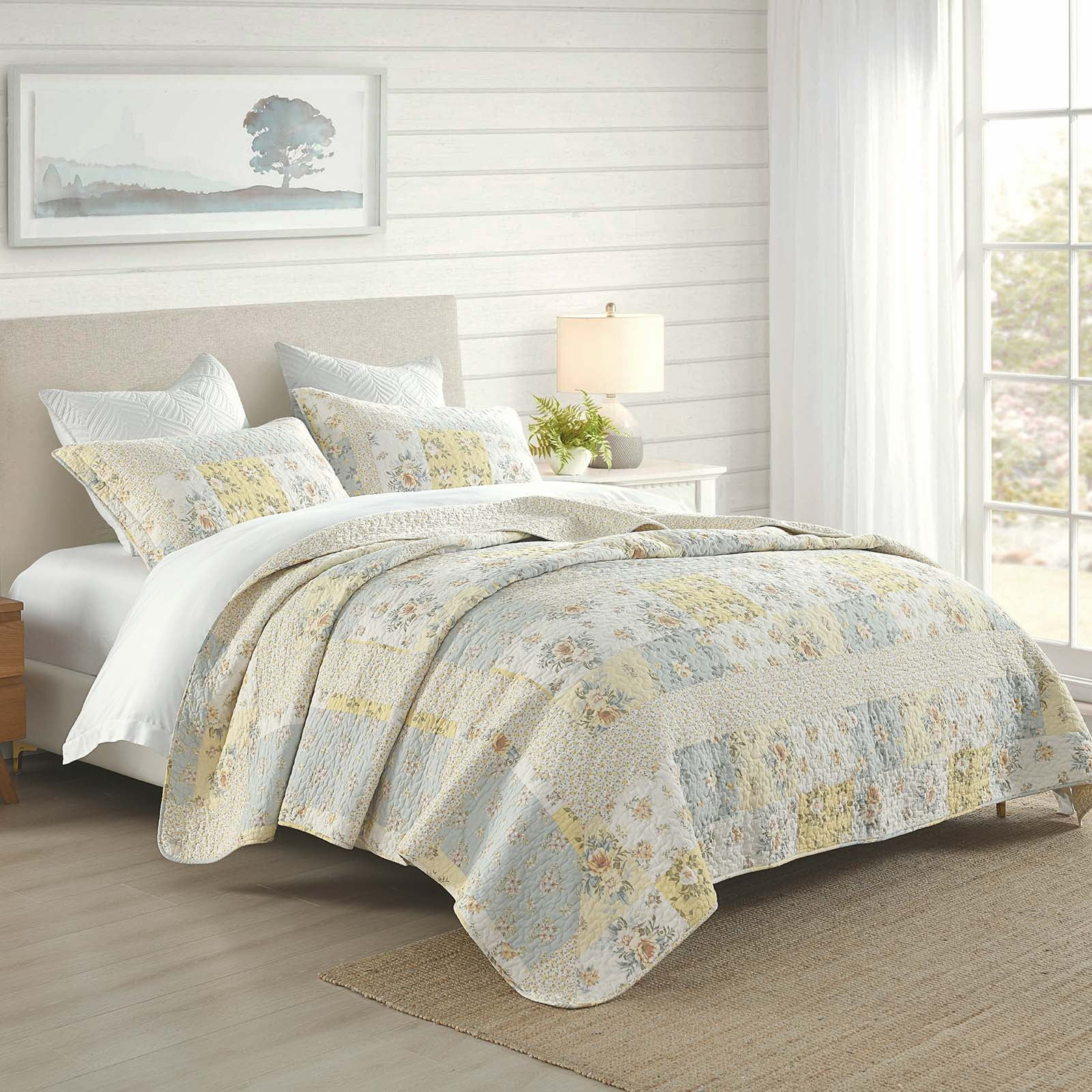 PANGUSHAN 100% Cotton 120"x120" Oversized California King Bedspread Coverlet Quilt Set, Cal King Quilted Bedspread Extra Large Wide Quilt, Floral XL Bed Spread Lightweight Comforter, Yellow/Cream