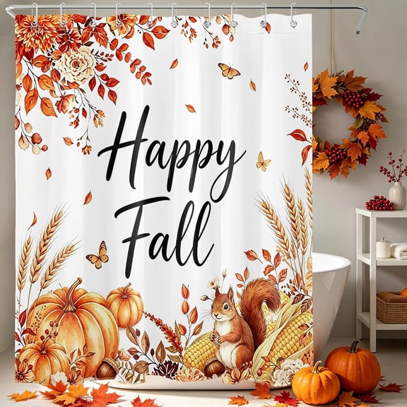 Happy Fall Shower Curtain Autumn Pumpkin And Squirrel Waterproof Fabric Bathroom Decor with Hooks 71x71 inches
