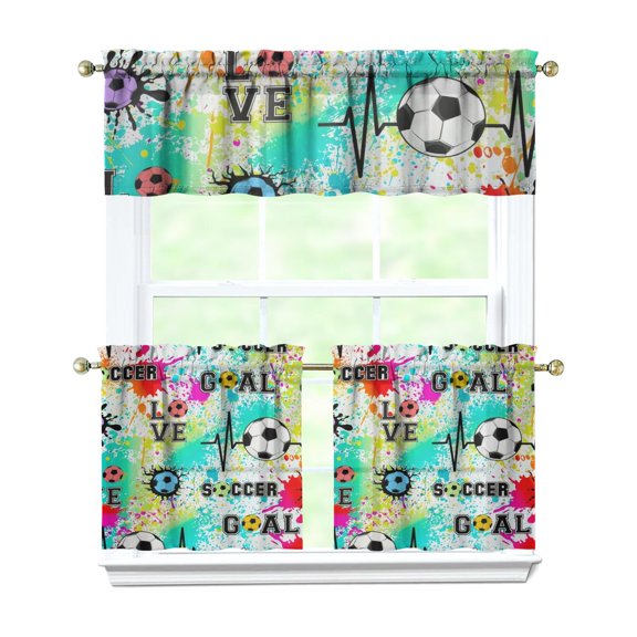 Kitchen Curtains 24 Inch Short - 3 Panel Set, Rod Pocket Window Curtain, 100% Polyester for Farmhouse, Cafe, Kitchen, Living Room, Bedroom, Sports-Themed Design, Easy Wash