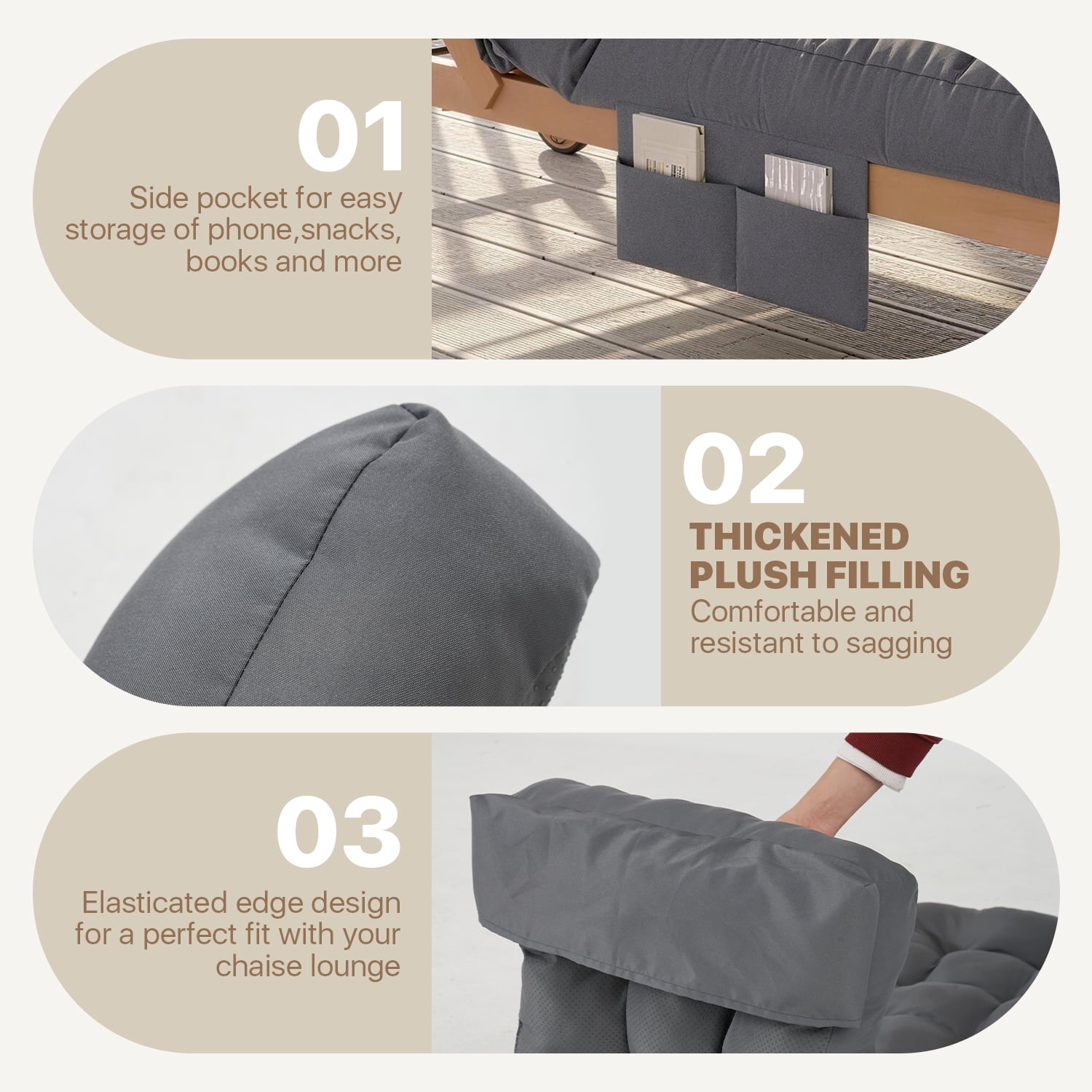 BaPiPro Gray Outdoor Chaise Lounge Cushion with Side Pocket, Triple Non-Slip Fixation, All-Weather Durable & Soft Fabric, Thickened Padding, Ideal for Patio and Poolside Use