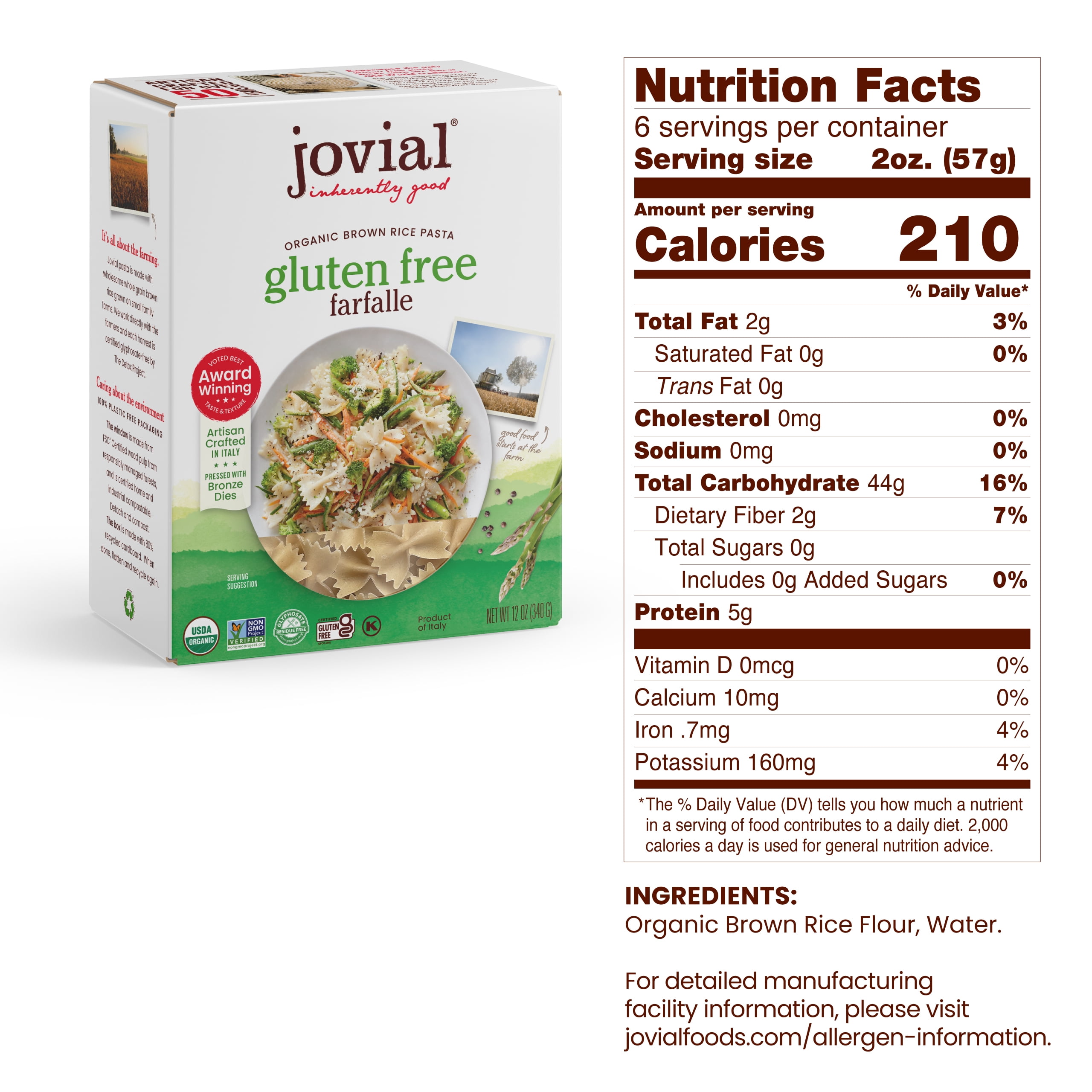 (3 pack) Jovial Gluten Free Organic Brown Rice Pasta Farfalle, 12oz
