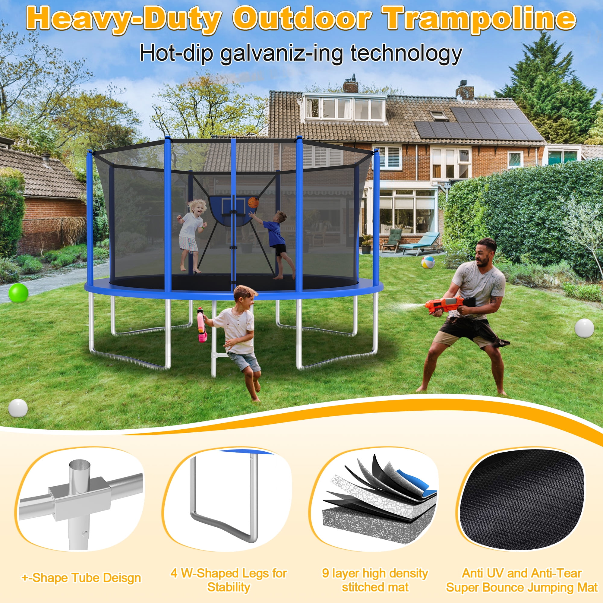XMIKA Trampoline with Enclosure for Kids, 1200LBS 12FT Trampolines with Basketball Hoop, 10FT 14FT 16FT Outdoor Heavy Duty Recreational Trampoline with Ladder, Lights, Sprinkler, Easy to Install