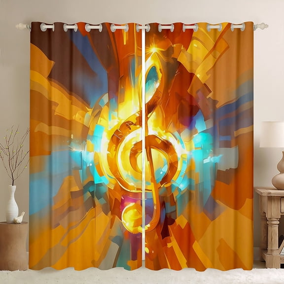 Homewish Gold Cartoon Melody Black Out Curtains for Kids, Watercolor Artwork Curtains Pack of 2 (42x63 Each), Music Theme Bedroom Curtains, Living Room Curtains Decor