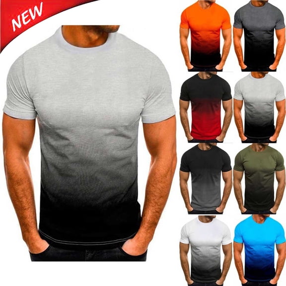 Tqyyweavej Muscle Shirts for Men Gradient Short Sleeve Crew Neck T-Shirts Color Block Casual Summer Tees Tops Size M to 3XL