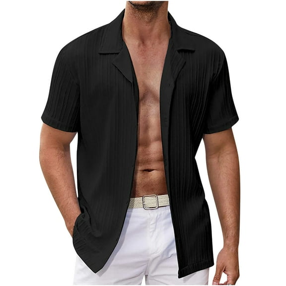 AHTJRT Men's Casual Loose Cotton Linen Striped Short Sleeve Shirt for Summer Fashion Black L