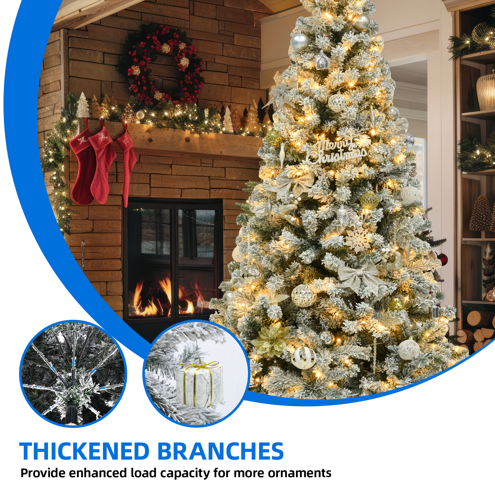 Uforic 6ft Snow Flocked Artificial Christmas Tree with 250 Lights, 800 Branch Tips,Pre-Lit Holiday Christmas Pine Tree with 8 Light Modes and Foldable Base