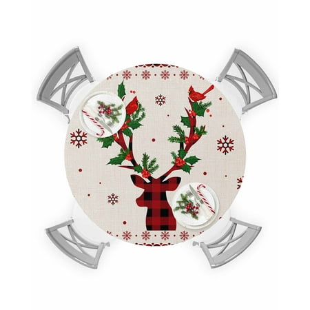 

Round Tablecloth with Elastic Christmas Elk Bird Snowflake on Cotton and Linen Waterproof Table Cover Wipeable Fitted Table Cloths for 55 -60 Round Tables Dining Kitchen Indoor Outdoor Use