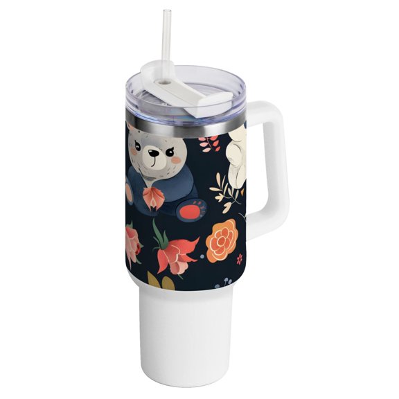 Bears Beautiful Roses 40 oz Tumbler with Handle Insulated Travel Mug Lid Straw Leak Proof Steel Vacuum Water Bottles Glasses Fits in Car Cup Holder