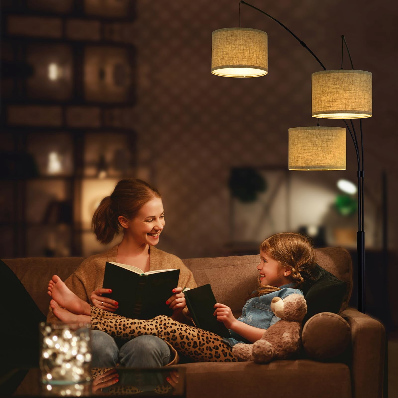 Lambaloom 3-Light Modern Remote Control Black Arched Floor Lamp with Beige/Grey Drum