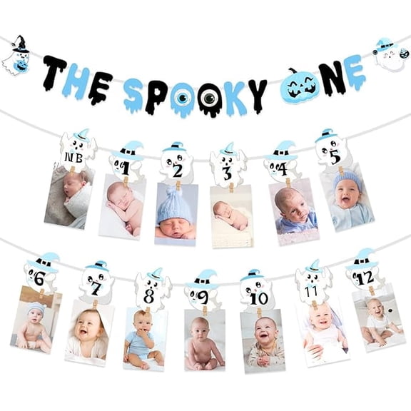 Halloween First Birthday Party Decorations Blue Black Halloween First Birthday Photo Banner with Clips the Spooky One Bday Banner for Little Boo Party Supplies