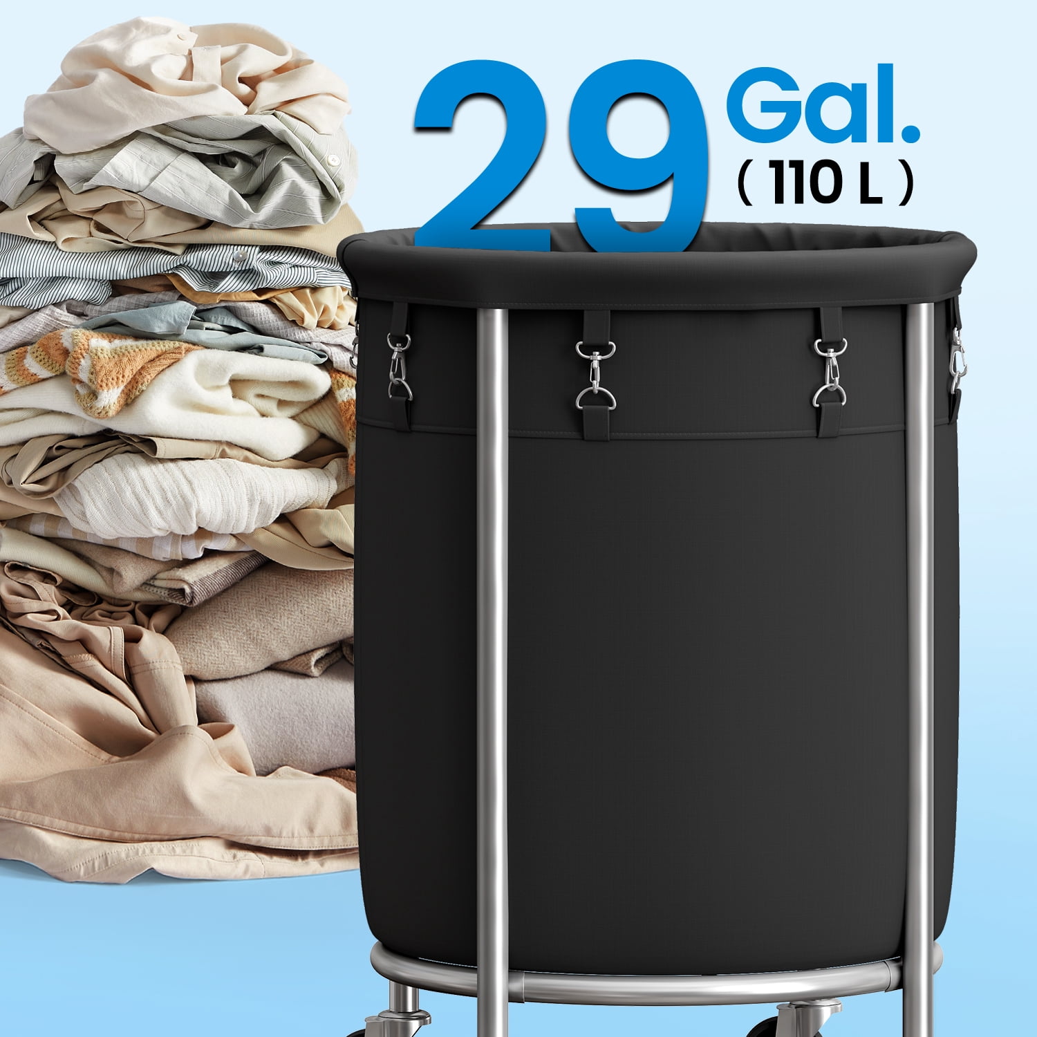 LEDREM 29-Gal Rolling Laundry Hamper with Wheels, Steel Frame & Removable Bag, 4 Casters (2 Brakes), Black and Silver