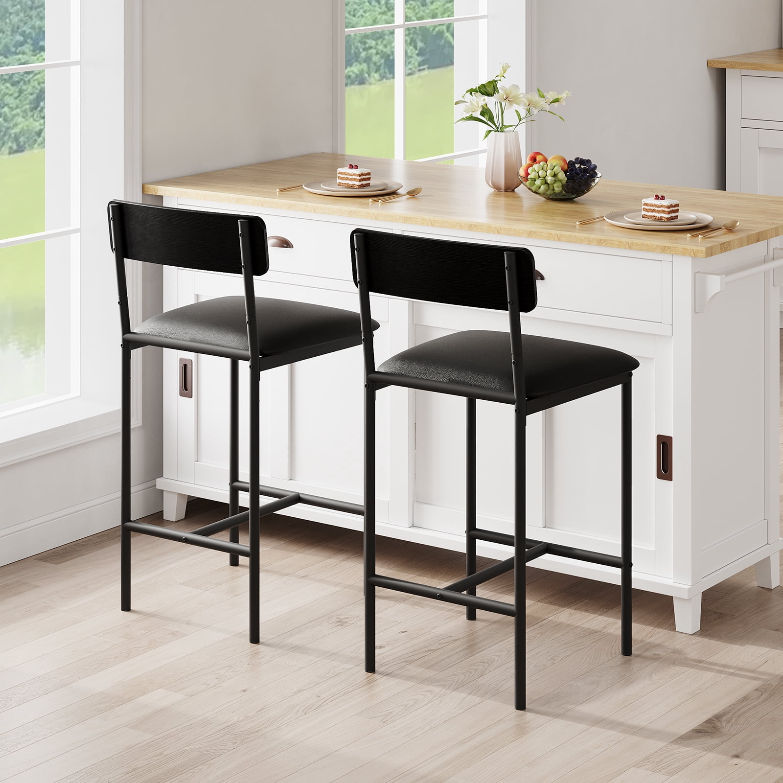Bar Stools Set of 2, with Back Metal Legs, Modern Upholstered Barstools for Kitchen Island, Cafe
