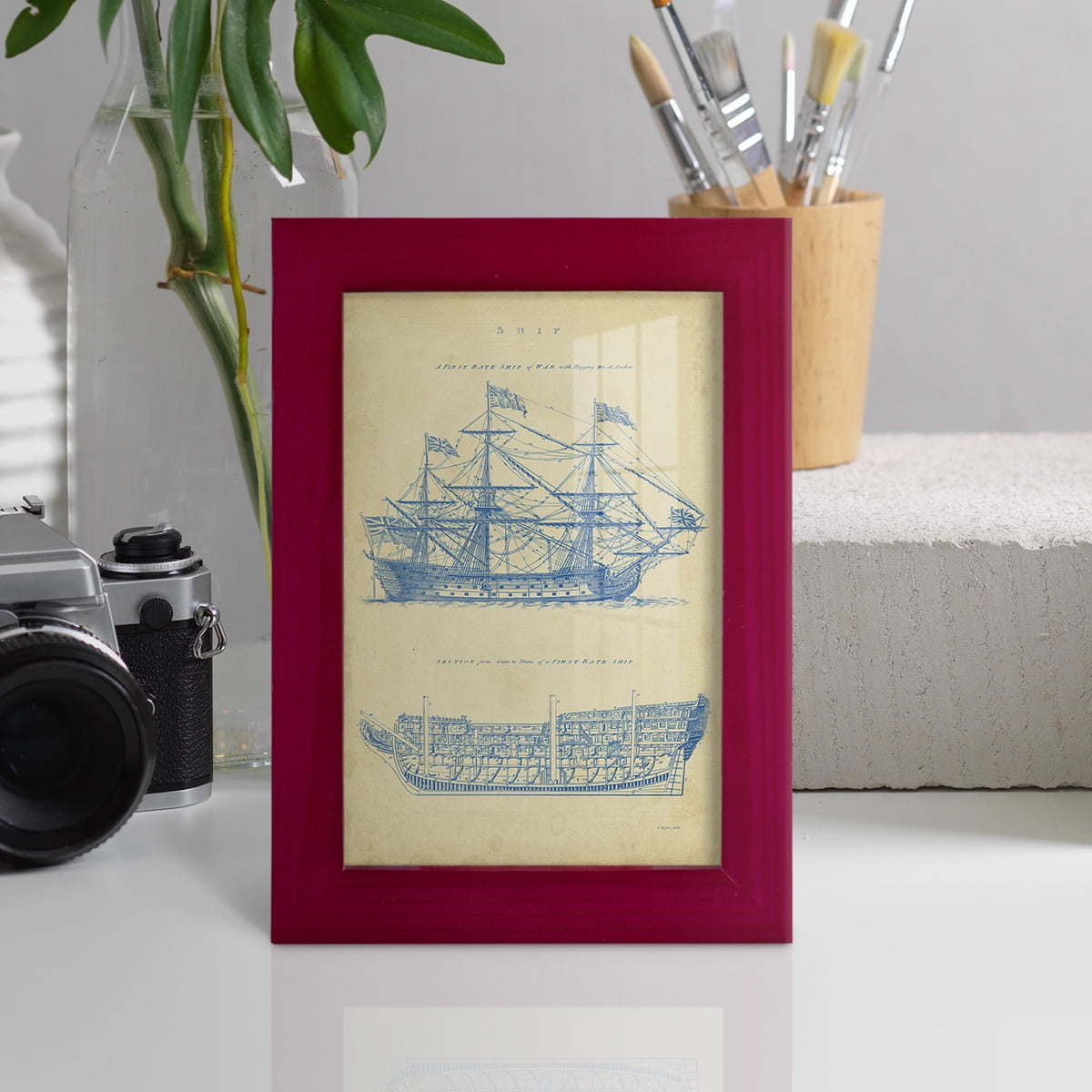 Vintage Ship Blueprint -Framed Print w/glass-Cherry Red