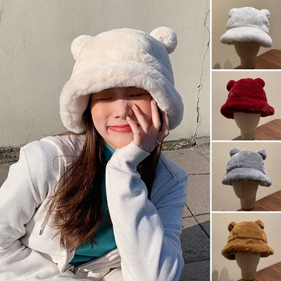 GROFRY Winter Fisherman Hat Short Brim Plush Solid Color Bear Ear Ball Soft Head Protection Thick Cozy Winter Basin Hat for Outdoor