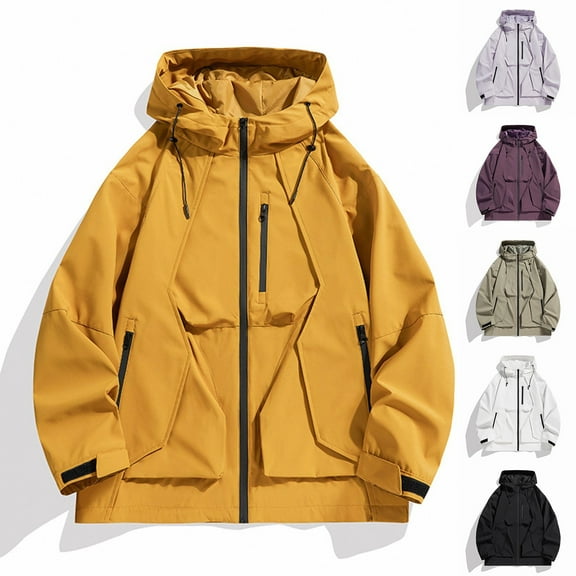 USSUMA Waterproof Jacket Men Outdoor Jackets for Men Long Sleeve Hooded Full Zipper Pocket Coat Casual Solid Color Loose Outerwear Climbing Fall Top