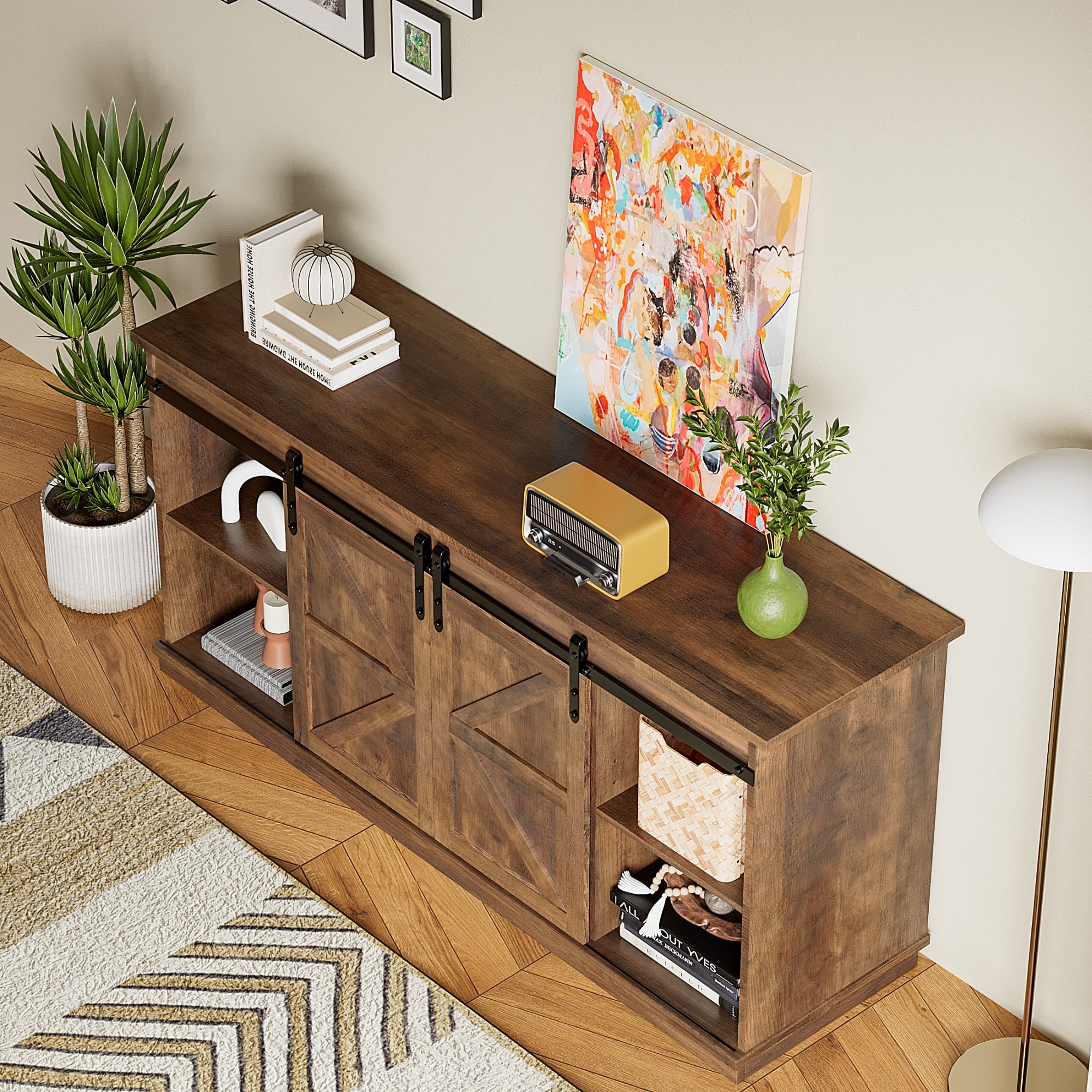 Vineego Rustic Modern TV Stand for 65-Inch TVs - Entertainment Center with Storage Cabinet & Sliding Barn Door Design,Oak