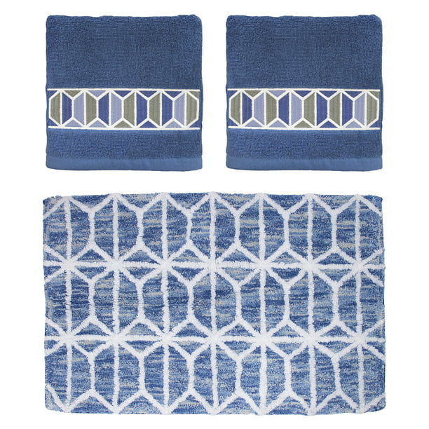 3Piece Blue Hexagon Bath Set, 2 Cotton Hand Towels 16" x