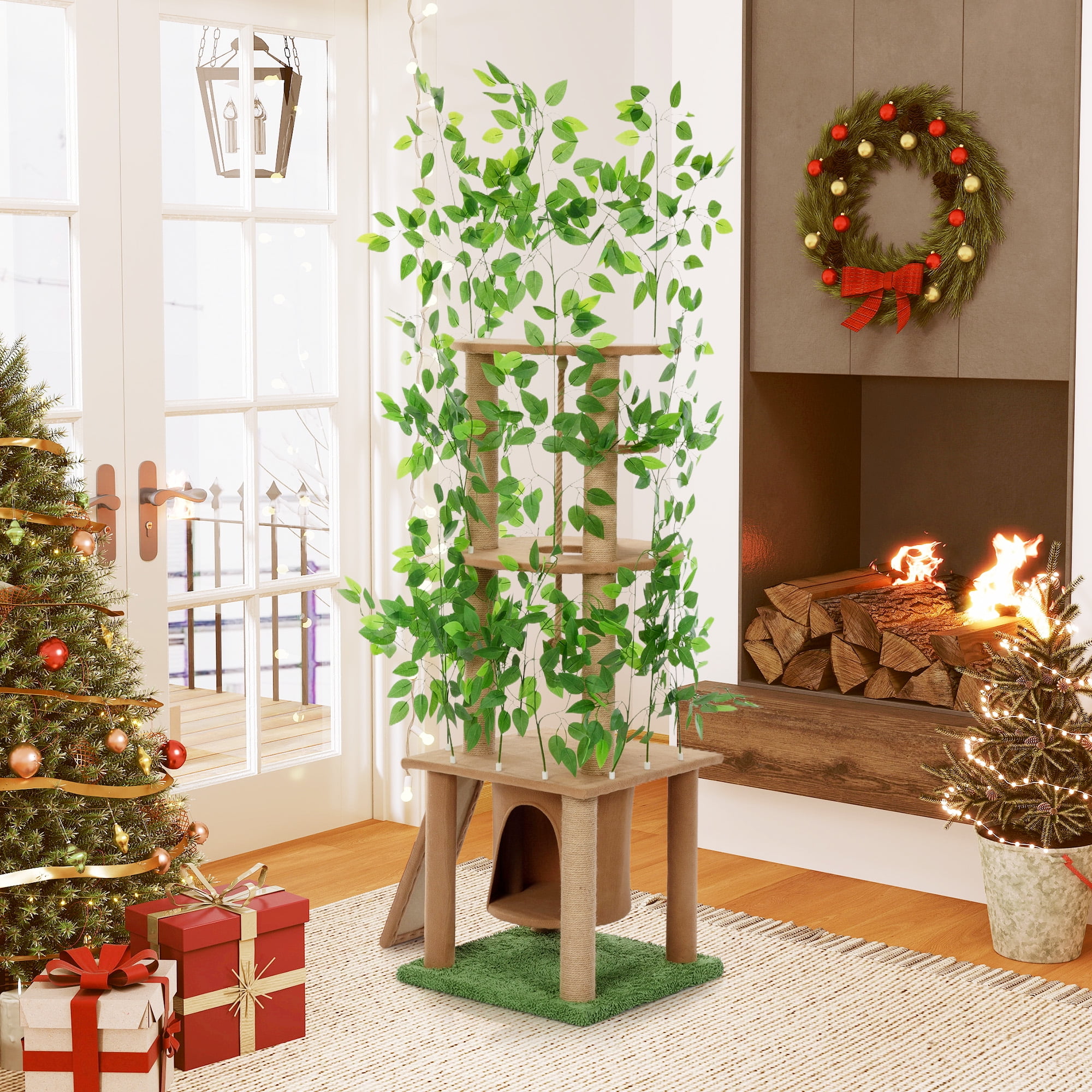 COZIWOW Cat Tree with Leaves 5-Tier Cat Tower and Cat Condo Scratchers Cat House Indoor Home Decor, Brown