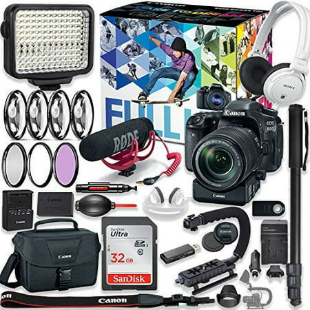 Canon EOS 80D DSLR Camera Premium Video Creator Kit w/18-135mm Lens + PZ-E1 Power Zoom Adapter + Sony Monitor Series Headphones + Video LED Light + 32gb Memory + Monopod + High End Accessory
