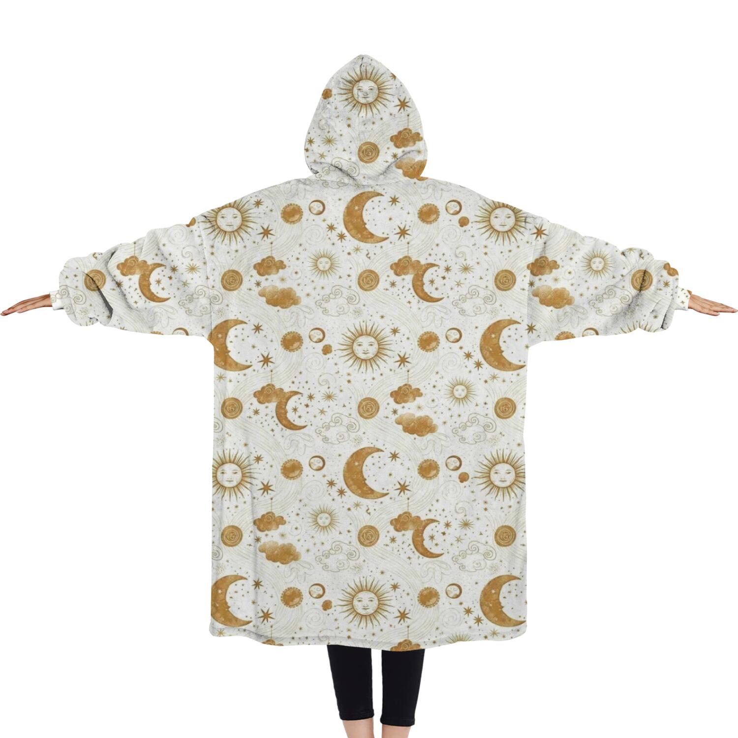 Oversized Wearable Blanket Hoodie,White Gold Sun Moon Cloud Pattern Sherpa Blanket Hoodie with Super Pockets,Super Warm Fuzzy Pullover for Women & Men