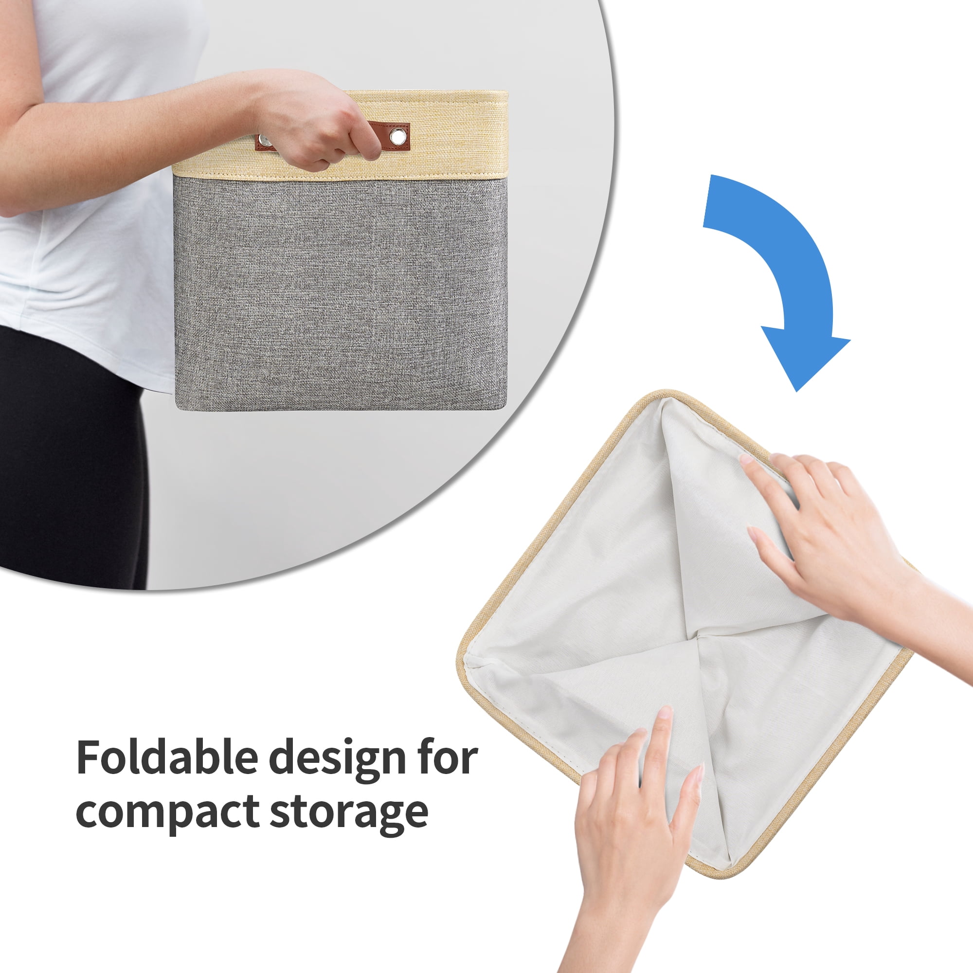 Tegance 13x13 Storage Cubes Baskets 4 Pack Fabric Cube Storage Bins Large Storage Baskets with Leather Handles,Decorative Storage Boxes for Organizing Shelves(GoldGrey)