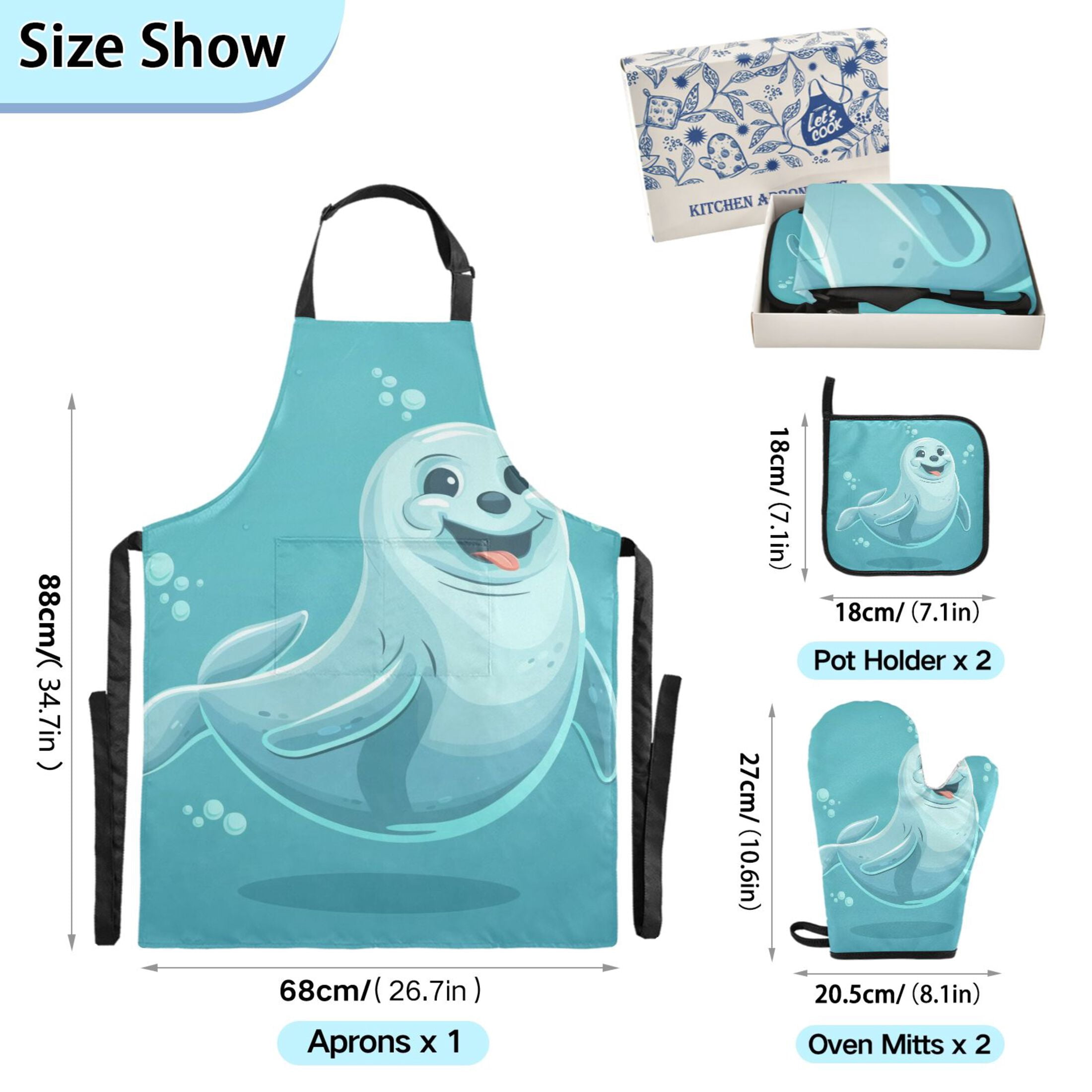 Cute Seal 5 Pcs Kitchen Set Heat Resistant Oven Mitts and Non-Slip Pot Holders with Adjustable Cooking Apron