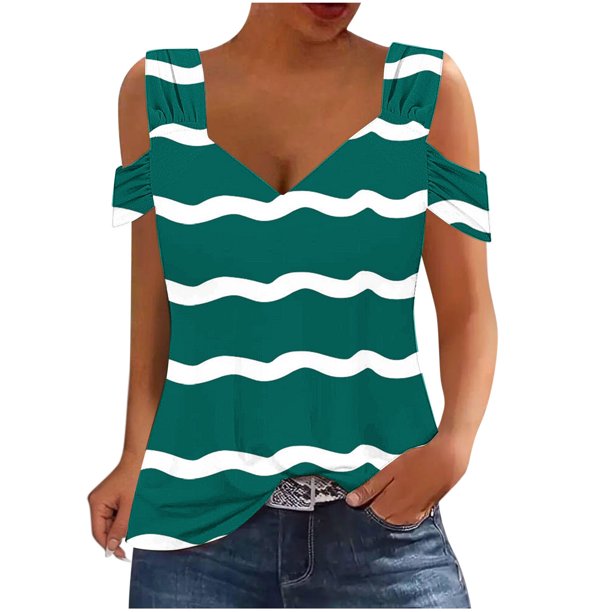 Camisas de Manga Corta para las Mujeres, Cuello en V Plegable de Impresión Del Hombro Top Casual Hecho de Poliéster Cómodo para el Verano, Tops de Bikini para las Mujeres