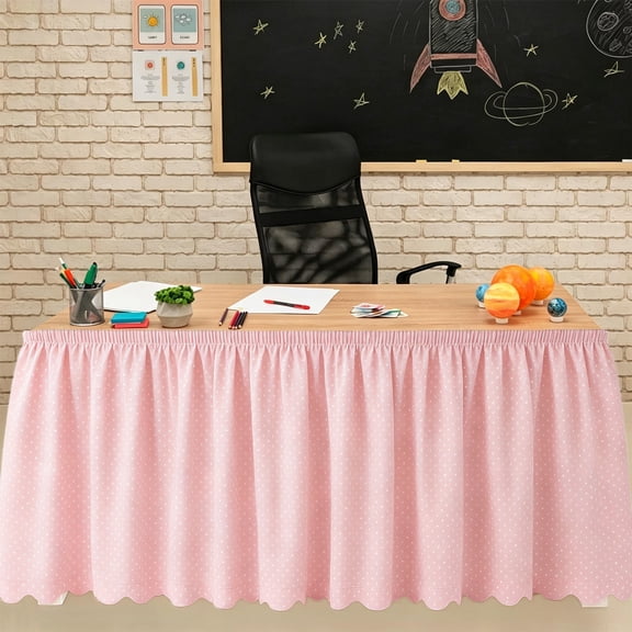 MudFree Teacher Desk Skirt 9 ft Pink Polka Dot Tablecloth, Table Skirt for Office Classroom Home Party Decor Table Cover