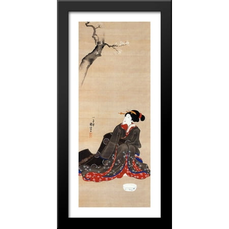 Large Black Cherry Woman seated under a cherry blossoms 18x40 Large Black Wood Framed Print Art by Utagawa Kuniyoshi ()
