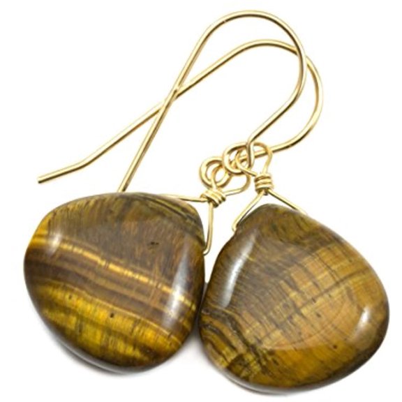 14k Yellow Gold Filled Tiger's Eye Earrings Golden Smooth Heart Teardrops Shimmery Striping Dainty Dangles Spyglass Designs