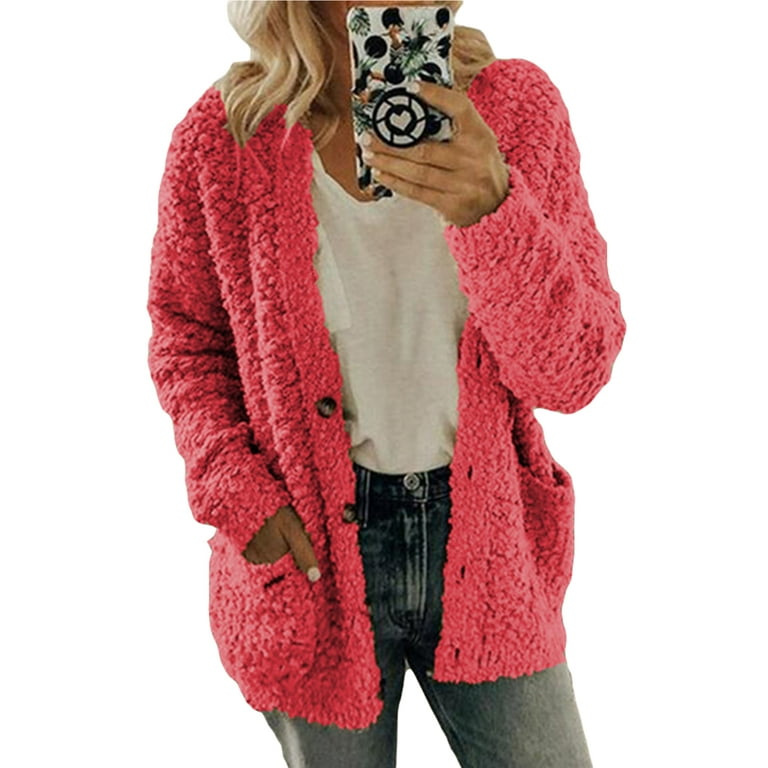 Womens Winter Warm Plush Woolen Cardigan Button Pocket Jacket Outwear Overcoat Plus Size S-5XL - Walmart.com