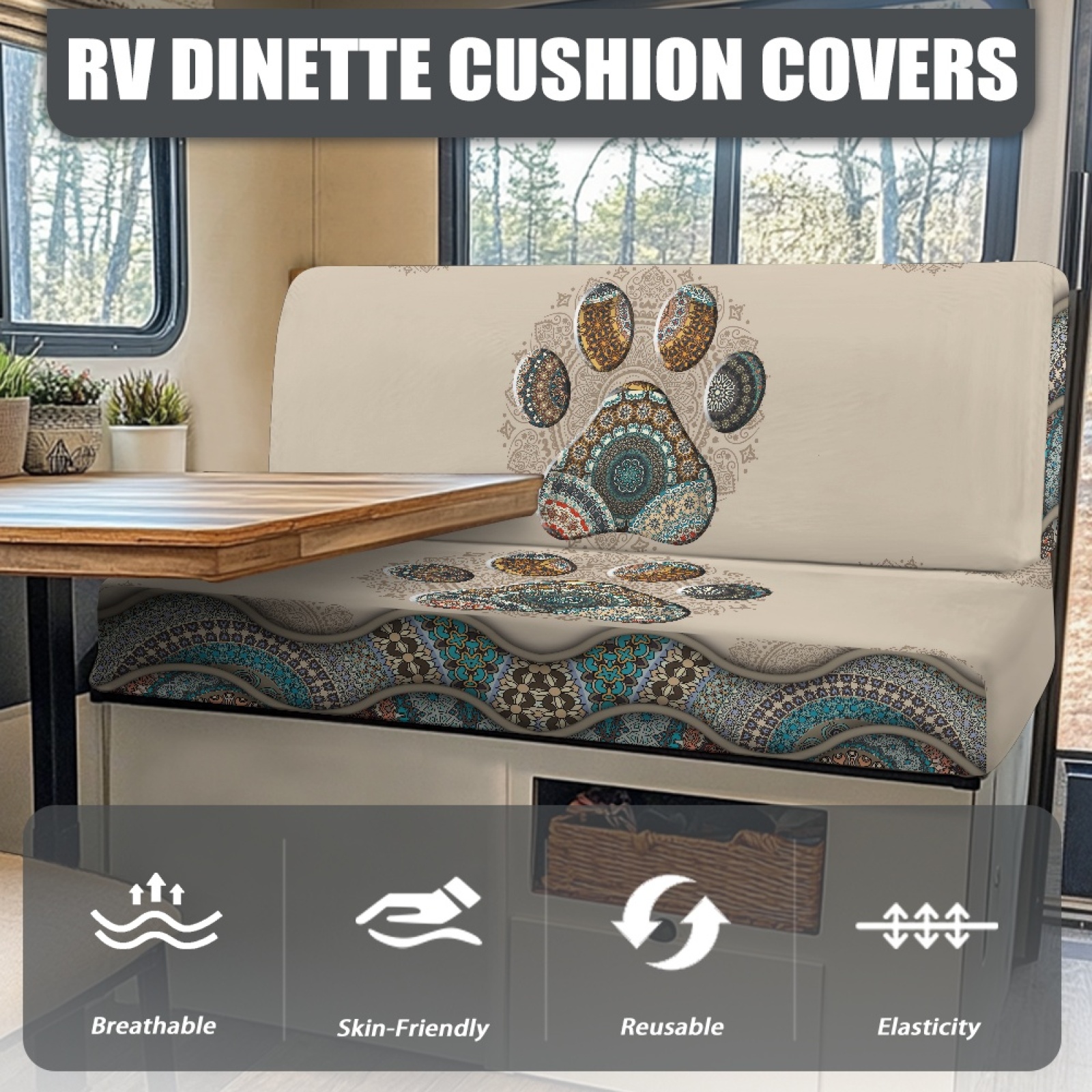 FORUDESIGNS Boho Mandala Dog Paw Print 2 Pcs RV Dinette Cushion Covers Waterproof Camper Cushion Slipcover Stretch Sofa Furniture Protector Include1 Backrest Covers and 1 Bench Covers