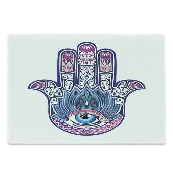 Evil Eye Cutting Board, Protective All Seeing Eye Lotus Elements Luck East, Decorative Tempered Glass Cutting and Serving Board, Large Size, White Pink and Blue, by Ambesonne
