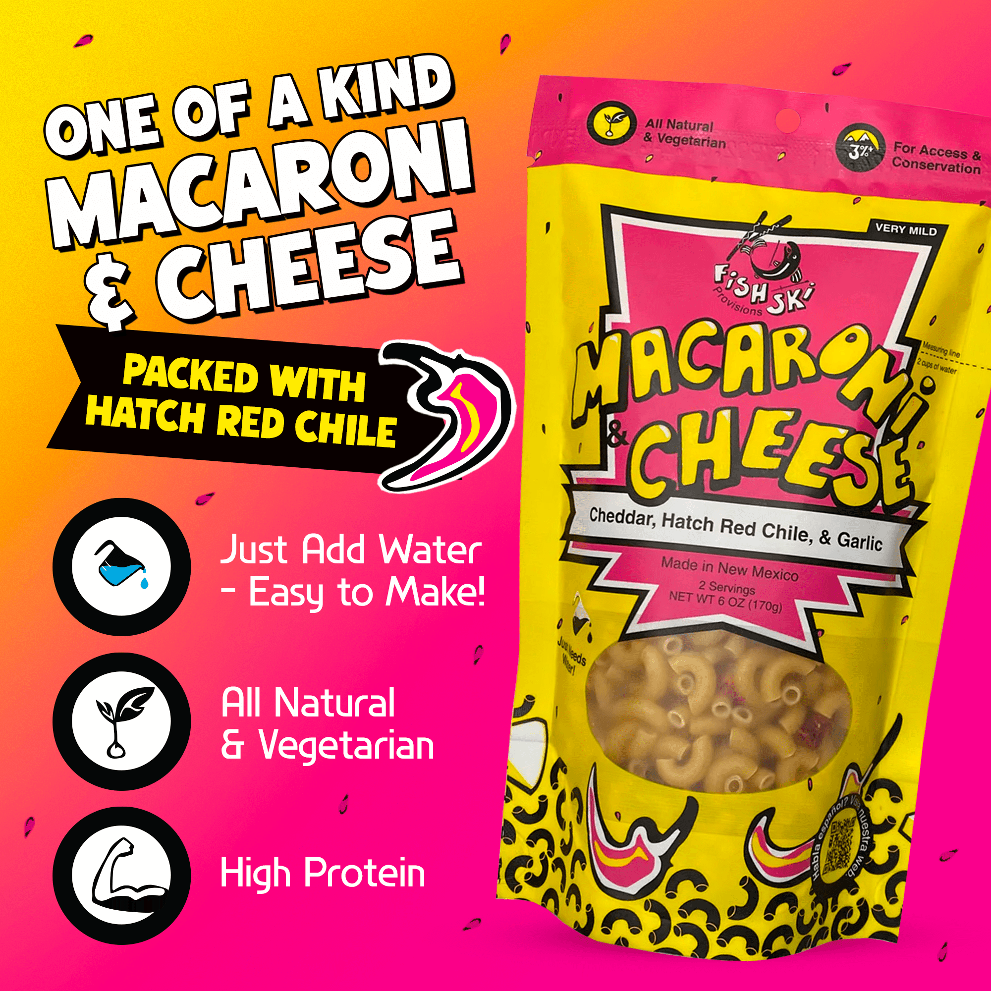 FishSki Provisions Macaroni and Cheese with Hatch Red Chile, Garlic Cheddar Cheese, 6 oz, 32 Packs