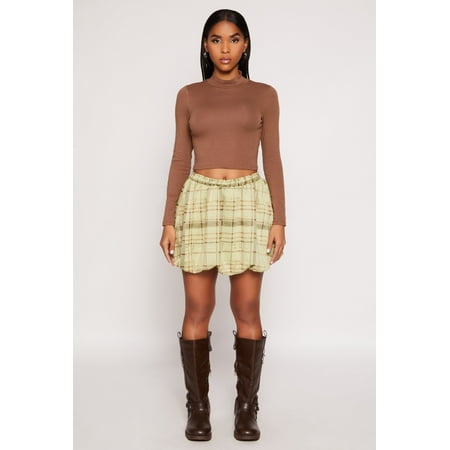Rainbow Female Adult Plaid High Waisted Bubble Skirt skater High Waisted  Mini Length  Skater Skirt or Circle Skirt  Plaid Pattern  Paper Bag Waist