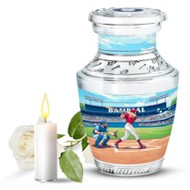JAGASY Baseball Funeral Small Urn for Brother, Blue Mini Urns for Human Ashes Keepsake, Blue Sky Baseball Stadium & Grassy Field Decorative Urns for Sister, Tiny Cremation Urn for Siblings, (3 Inch)