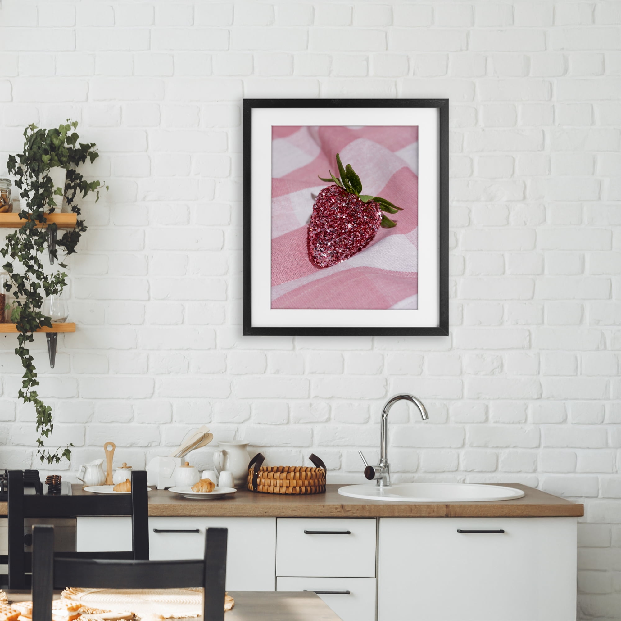 Stupell Industries Glimmer Strawberry on Pink Black Framed Print Under Glass, design by LISH Creative