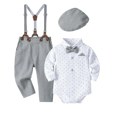 TBWNWG Little Gentleman formal Baby Boy Toddler Dress Up Outfit Set With Hat And Suspenders for Size 0-3 Months