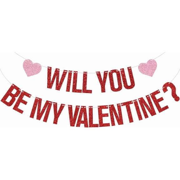 Red Glitter Will You Be My Valentine? Banner, Heart Garland Happy Valentine’s Day Party Decorations, Wedding Engagement Romantic Party Decorations Supplies