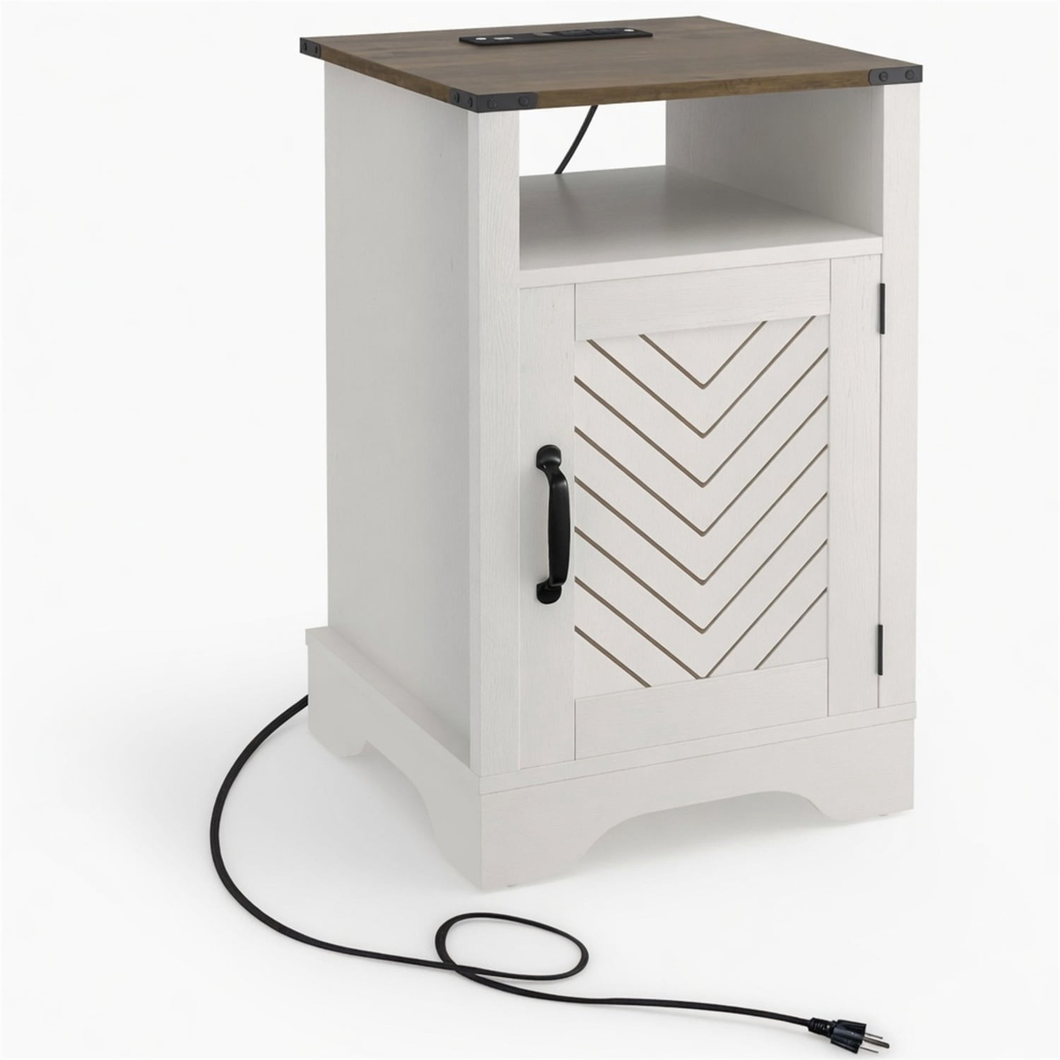 Hommoo 16" Farmhouse Nightstand Bedsude Tabke Sofa End Table with Charging Station & Shelf Storage, White & Rustic Oak